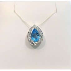 18 karat white gold pear blue topaz and diamond halo pendant 