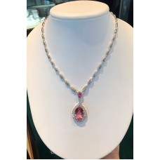 morganite/pink sapphire/diamond halo necklace